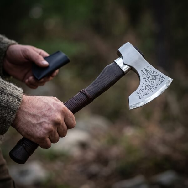 Carbon steel bearded axe with rune etched head held in one hand while the other holds its black leather edge cover