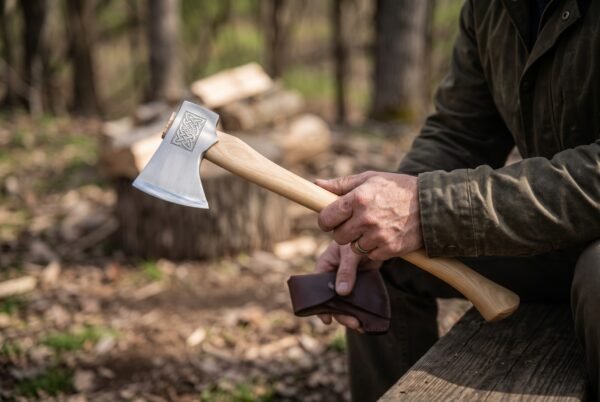 Carbon steel felling axe with chased knotwork cheek and curved pale wood haft held by a seated man with a leather blade mask