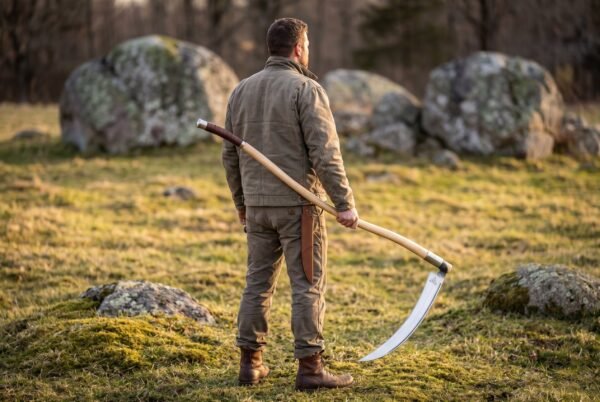 Carbon steel war scythe with long pale ash haft carried by a man standing in a meadow among mossy boulders