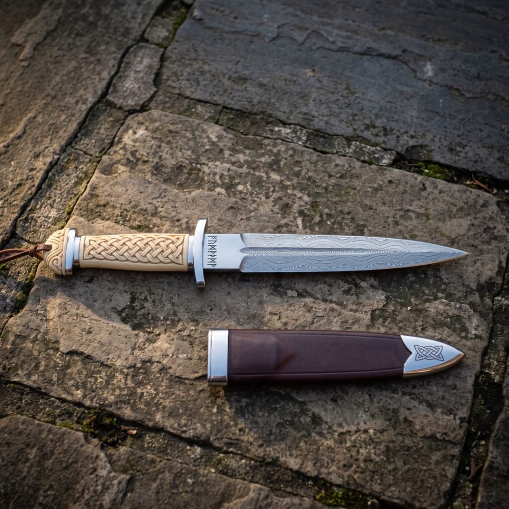 Carved bone hilted Damascus Celtic dagger with Elder Futhark runes etched at the ricasso lying on grey paving beside a burgundy leather sheath