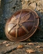 Carved hardwood eagle shield with bronze toned rim resting at an angle on flagstones among fallen oak leaves