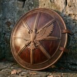 Aquilorn Hand Made Carved Hardwood Round Shield with Bronze Toned Roman Eagle | 24 Inch Diameter | Leather Arm Straps and Forged Grip Bar | Legionary Display Gift | RK-1987