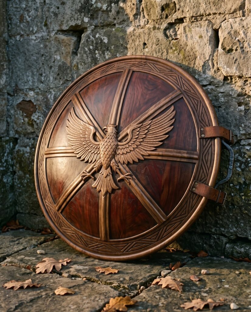 Carved hardwood roman eagle shield with a bronze toned aquila and six spoke frame, leather arm straps and a forged grip bar, leaning against a weathered stone wall