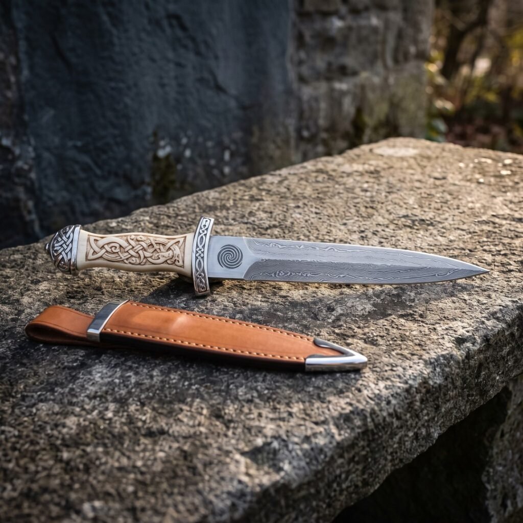 Celtic dagger with a carved bone handle and folded Damascus blade resting on a granite ledge above a tan leather sheath with polished steel throat and chape