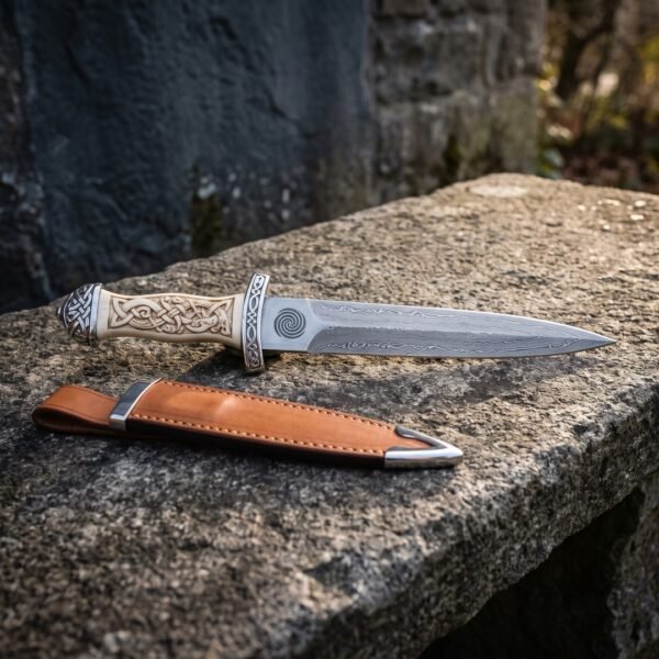 Knotbone Hand Forged Damascus Celtic Dagger | 14 Inch Overall | Carved Bone Handle and Spiral Etched Ricasso with Tan Leather Sheath | Highland Collector Gift | RK-1943