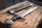 Celtic knotwork short sword photographed from the pommel along the broad polished blade, the black leather scabbard and its engraved silver tone throat resting on old timber