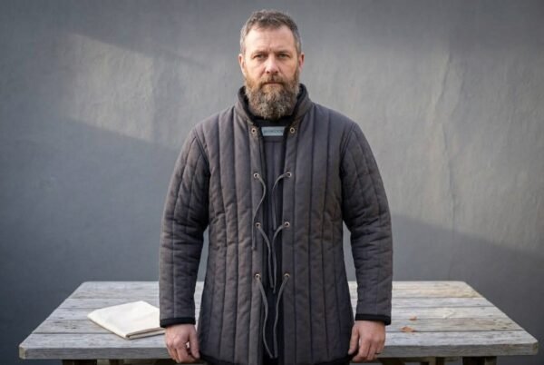 Charcoal cotton canvas padded gambeson with vertical channel quilting, standing collar and front cord lacing worn by a bearded man