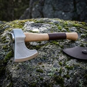 Chevron etched Viking axe in satin 1095 steel with a hammer poll and leather wrapped white ash haft resting on a moss and lichen covered granite boulder