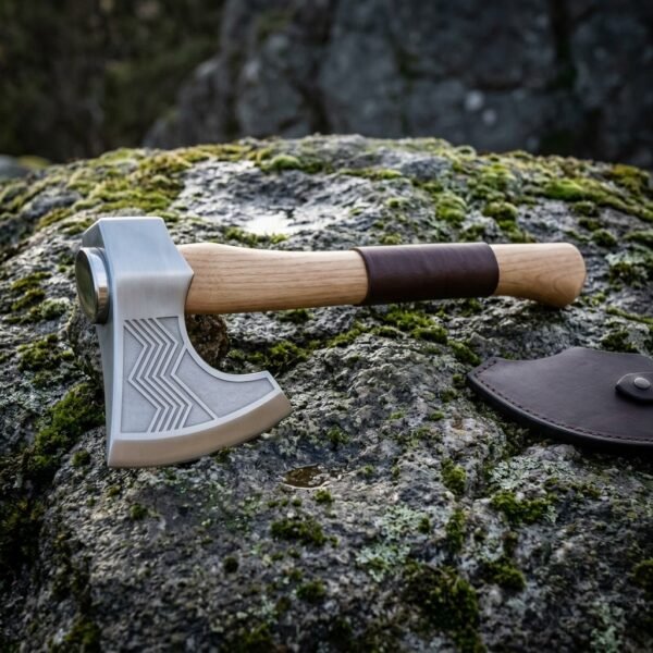 Chevron etched Viking axe in satin 1095 steel with a hammer poll and leather wrapped white ash haft resting on a moss and lichen covered granite boulder