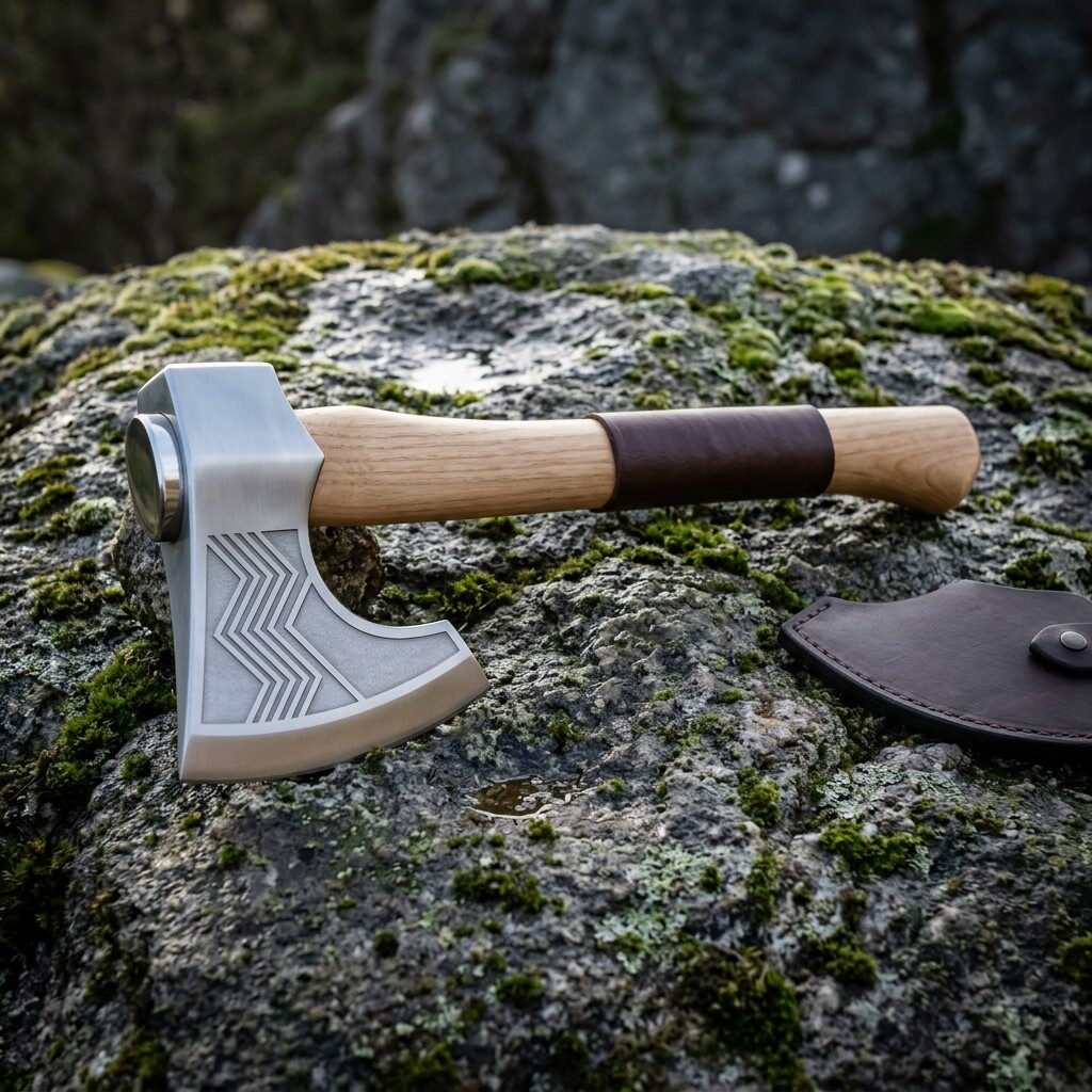 Chevron etched Viking axe in satin 1095 steel with a hammer poll and leather wrapped white ash haft resting on a moss an Chevron etched Viking axe in satin 1095 steel with a hammer poll and leather wrapped white ash haft resting on a moss and lichen covered granite boulder