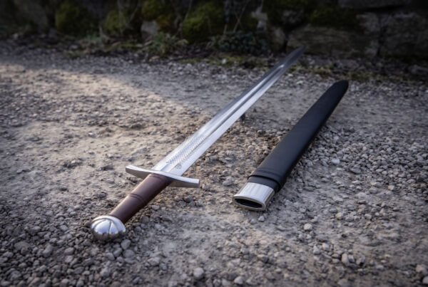 Chevron fuller viking sword in polished 1095 carbon steel with a lobed pommel and brown leather grip, lying on gravel beside its black leather scabbard by a mossy wall