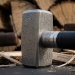 Close up of a Damascus steel hammer head with ladder pattern and knotwork steel collar set on a woodpile