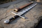 Close up of a flamberge hilt with steel cross, black grip, brass rings and disc pommel on slate below a wooden scabbard