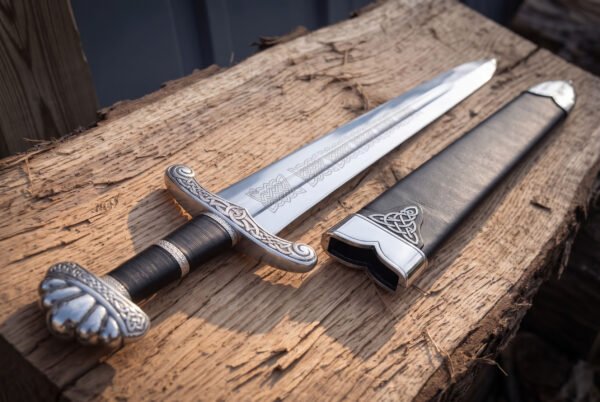 Close view of a celtic knotwork short sword on split timber, the five lobed pommel, twisted wire grip rings and engraved guard shown with the triquetra scabbard throat