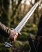 Close view of a hand gripping a pattern welded Viking sword with rune engraved guard and lobed pommel in woodland