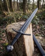 Close view of the faceted tree of life pommel and cord wrapped grip of a blackened steel sword on a stump