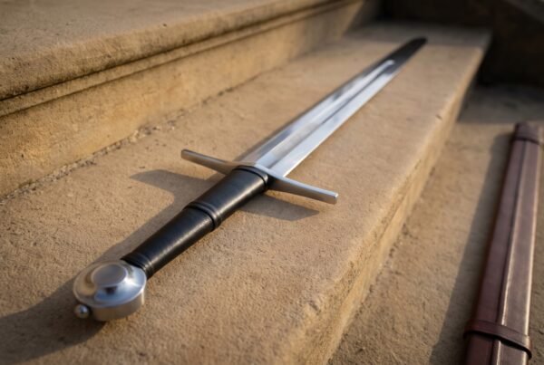 Close view of the round disc pommel, black leather grip and steel cross guard of a fullered sword on stone stairs