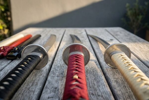 Close view of three wakizashi handles wrapped in black, red and ivory cord on a weathered wooden table