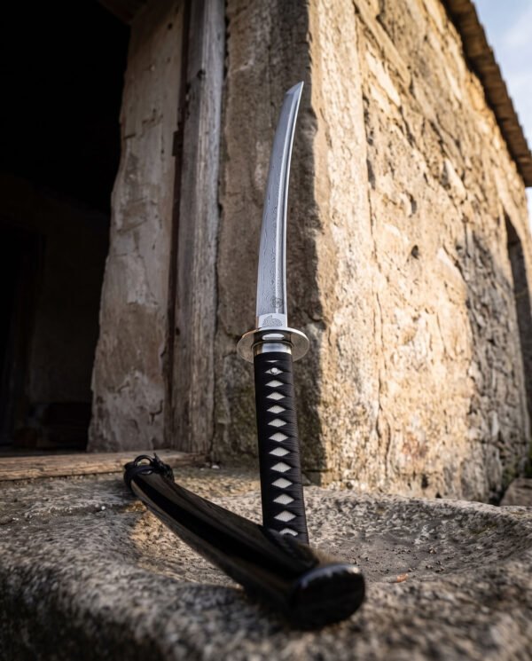 Close view of a wakizashi propped on old stone with its black lacquered saya lying flat, pale diamonds showing through the black cord wrap of the grip