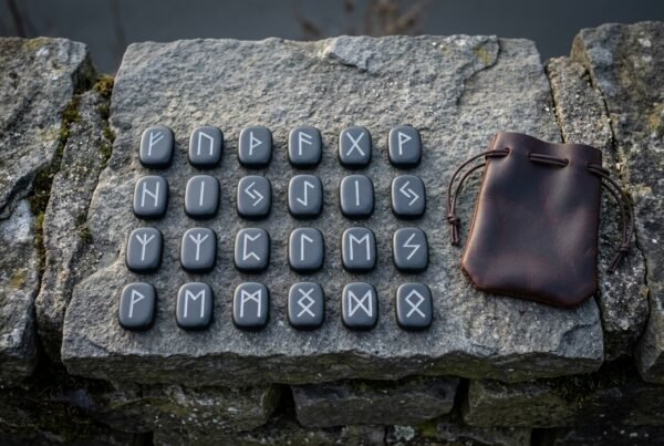 Complete slate rune set of 24 Elder Futhark casting stones with white filled engraving laid out on a grey stone slab beside a brown leather drawstring pouch