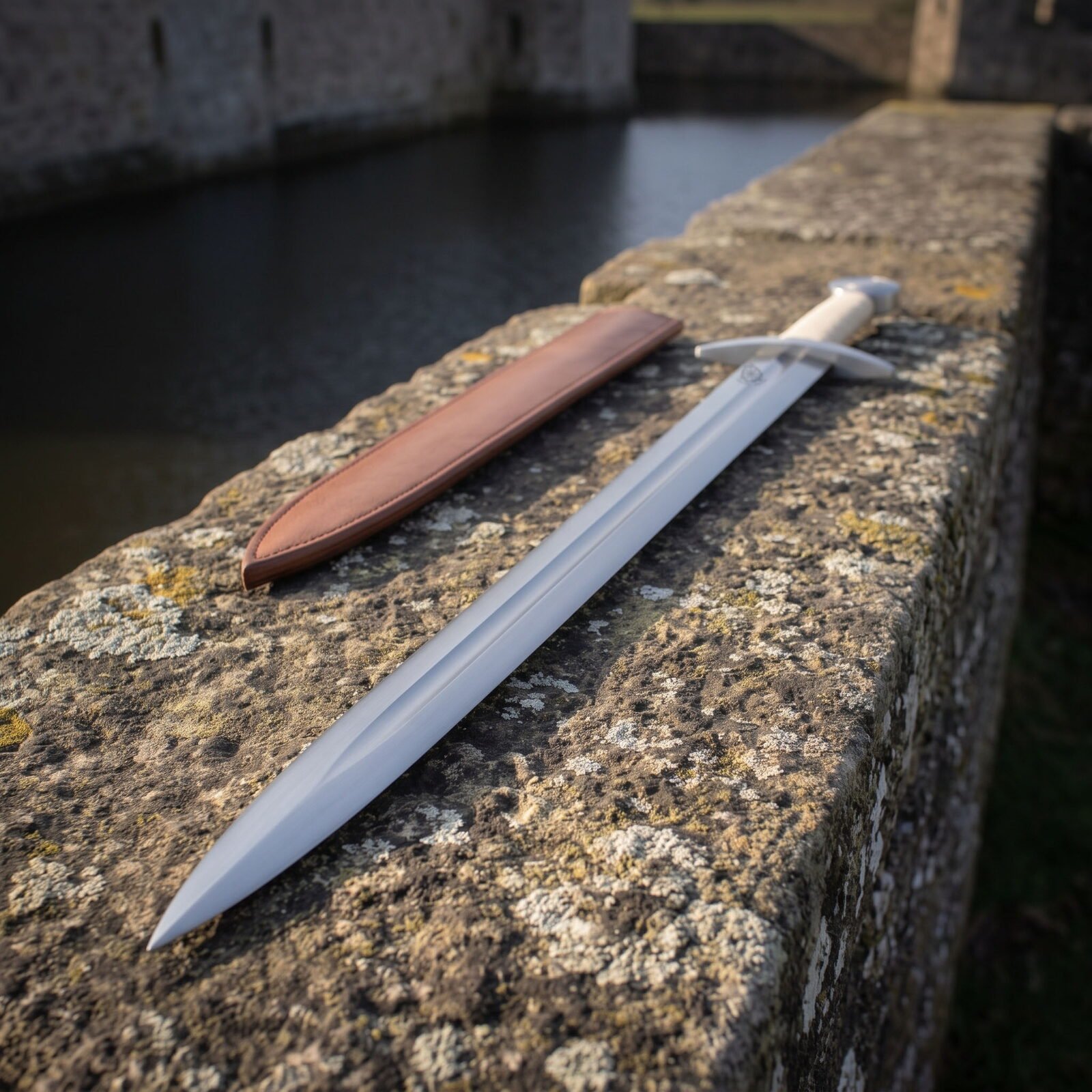 Cord wrapped arming sword resting on a lichened stone parapet above dark water with its tan leather scabbard, the ridged Cord wrapped arming sword resting on a lichened stone parapet above dark water with its tan leather scabbard, the ridged polished blade and cream cord grip clearly shown