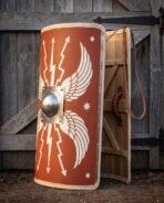 Curved red Roman scutum shield with painted white wings and lightning bolts, steel dome boss and rawhide edging, angled to show the plank back