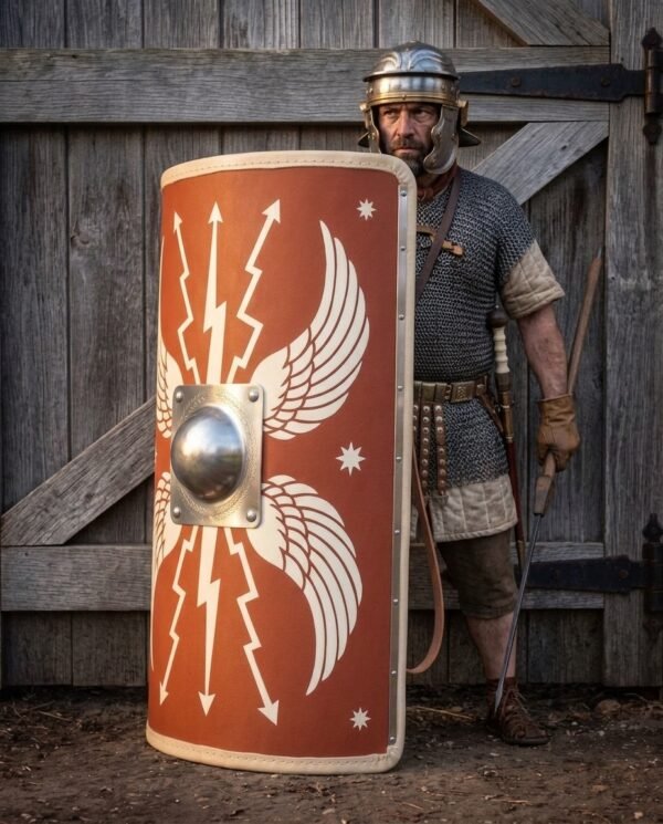 Curved red Roman scutum shield with white wing and lightning design held by a man in a steel helmet and chainmail shirt before a barn door