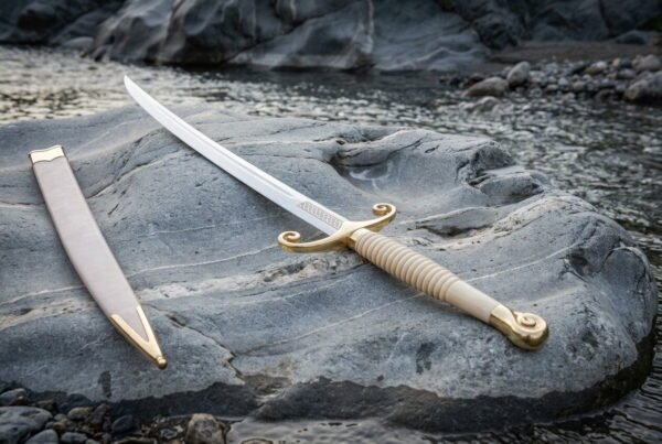 Brasscurl Hand Forged 1095 Steel Curved Sabre Sword | Scrolled Brass Quillons | Ribbed Bone Toned Grip and Matching Brass Mounted Scabbard | Collector Display Gift | RK-1799