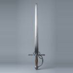 Cut and thrust sidesword trainer with two side rings, a counterguard loop, two colour wire wound grip and faceted wheel pommel on a plain grey studio backdrop