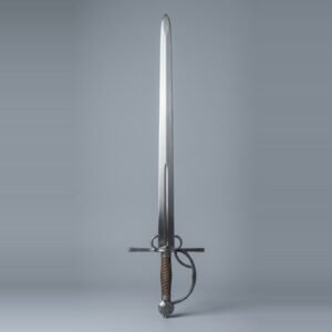 Cut and thrust sidesword trainer with two side rings, a counterguard loop, two colour wire wound grip and faceted wheel pommel on a plain grey studio backdrop