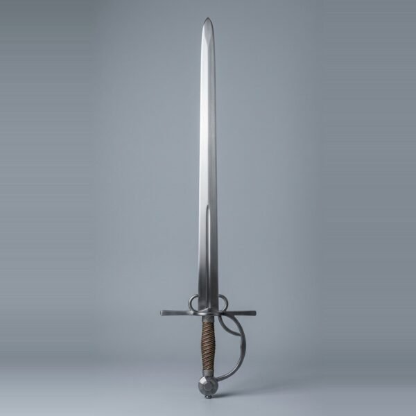 Cut and thrust sidesword trainer with two side rings, a counterguard loop, two colour wire wound grip and faceted wheel pommel on a plain grey studio backdrop