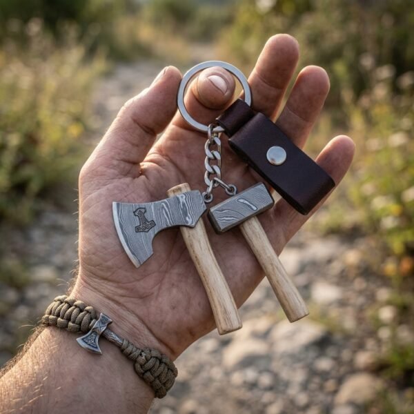 Damascus axe and hammer keyring with small wooden handles and a brown leather snap sheath held in an open palm outdoors