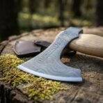 Damascus axe head with whorl pattern and engraved rune band resting on a moss covered log, ash haft behind
