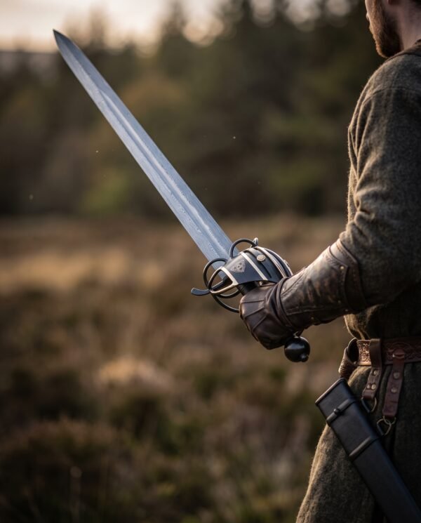 Damascus basket hilt broadsword with blackened guard and etched triquetra plate held in a gloved hand on moorland