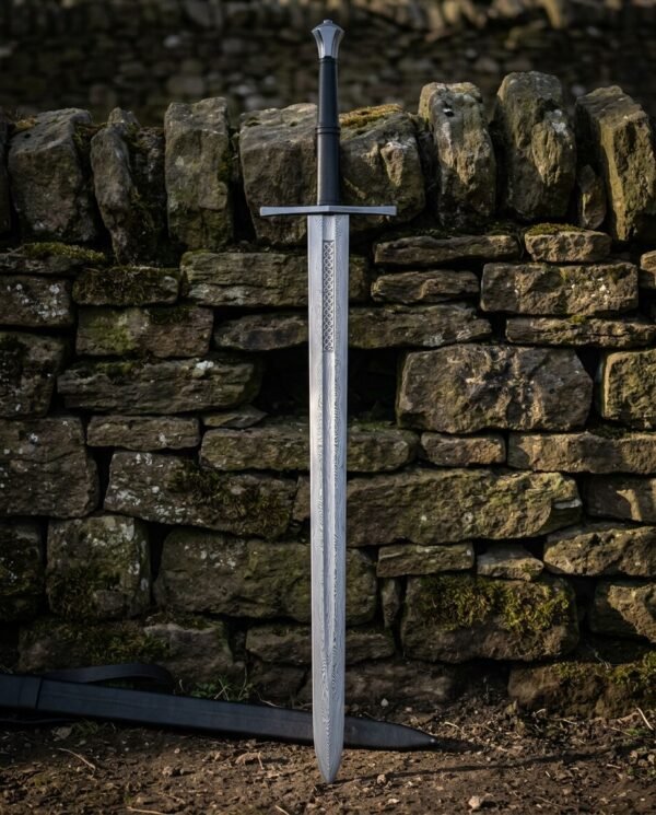 Nightwhorl Hand Forged Damascus Bastard Sword | 44 Inch Overall | Long Black Leather Grip and Lobed Pommel | Medieval Collector Gift | RK-1863