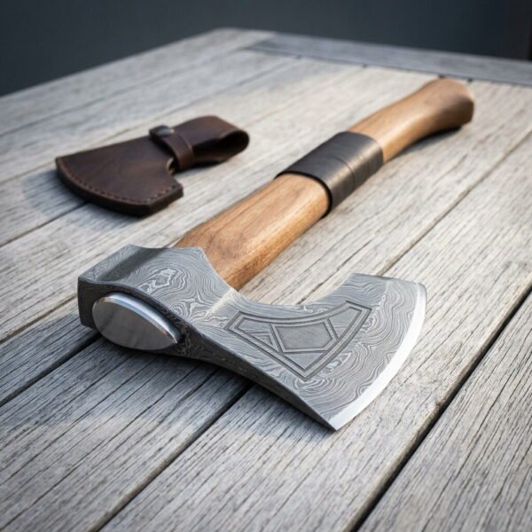 Damascus bearded axe head in pattern welded 1095 and 15N20 steel on a walnut haft with a leather collar lying on weathered grey decking