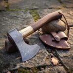 Damascus bearded axe with brass rune collar and walnut haft resting on a stone path beside a brown leather head sheath