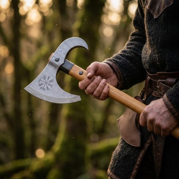 Damascus bearded axe with hooked horn and engraved Vegvisir held in both hands on a light ash haft in the woods