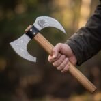 Damascus bearded axe with long hooked horn, etched longship and riveted black leather collar on an ash haft in hand