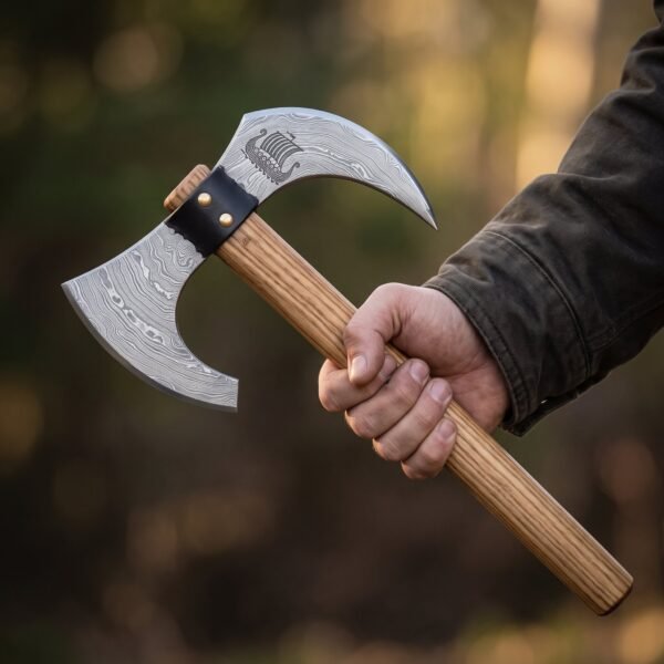 Damascus bearded axe with long hooked horn, etched longship and riveted black leather collar on an ash haft in hand