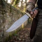 Damascus bowie knife with brass guard and engraved bolster held blade down in a hand beside a leather sheath, stone wall behind