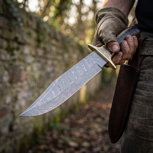 Damascus bowie knife with brass guard and engraved bolster held blade down in a hand beside a leather sheath, stone wall behind