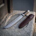 Emberstack Hand Forged Damascus Bowie Knife with Stacked Leather Washer Handle | Straight Back Fullered Blade | Engraved Steel Pommel Cap | Leather Sheath | Hunting Gift | RK-2178