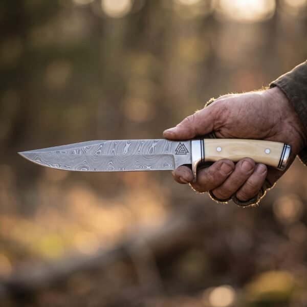 Damascus bowie knife with pale bone handle, steel guard and etched Valknut held in a hand in warm forest light