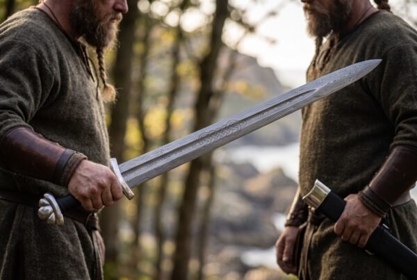 Damascus broadsword held across the body by a bearded man in a wool tunic, a second man holding the scabbard beside him