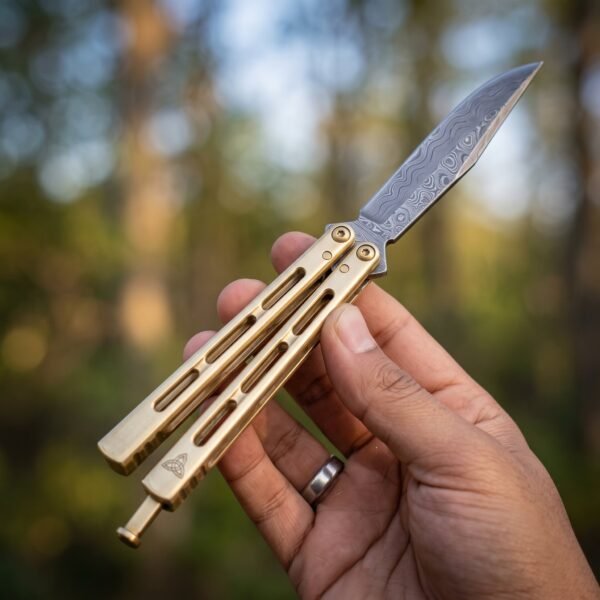 Damascus butterfly knife with skeletonised brass handles and triquetra mark held open in a hand in the woods