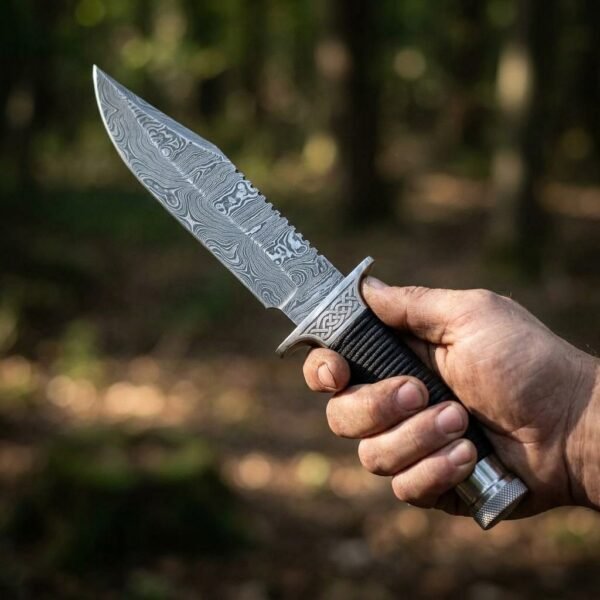 Damascus clip point combat knife with sawback spine, knotwork guard and black cord wrapped grip held in a hand outdoors