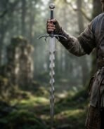 Damascus fantasy sword with wavy blade, barbed curved guard and faceted pommel held upright by a figure in a misty forest