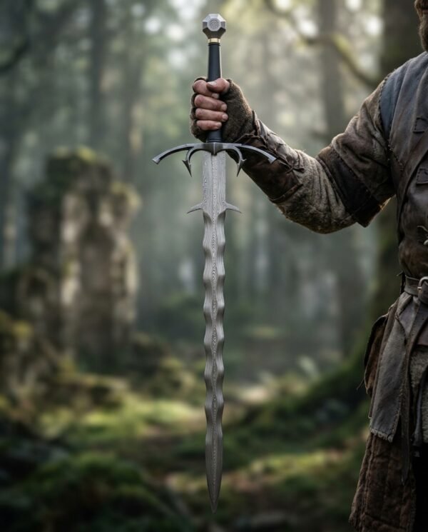 Damascus fantasy sword with wavy blade, barbed curved guard and faceted pommel held upright by a figure in a misty forest