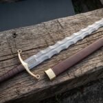 Brassflame Hand Forged Damascus Flame Blade Short Sword | 27 Inch Overall | Brass Ring Guard and Faceted Pommel with Knotwork Panel and Brown Leather Scabbard | Collector Gift | RK-2112